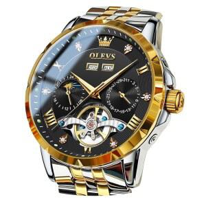 OLEVS 남성 자동 시계 스켈레톤 기계식 클래식 럭셔리 비즈니스 다이아몬드 스테인리스 스틸 방수 야광 데이트 캘린더 남성 손목시계