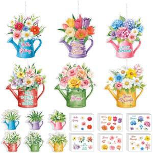 펀러스 36세트 트리 부활절 장식용 키트 스티커 장식 매달기 DIY 튤립 물주기 파티 공예 종이 게시판