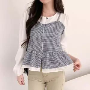 [신세계라이브쇼핑][옷자락] 여성 폴리 체크 페플럼 뷔스티에 레이어드 셔츠