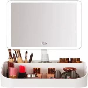 LED 조명과 20배 확대 기능이 있는 충전식 메이크업 미러 정리함 스킨케어 및 브러시용 대용량 화장품
