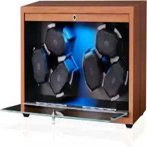 카마노센 시계 와인더 6개의 자동 스피너 슈퍼 콰이어 모터 및 블루 백라이트 LED 로터 4 회전 모드 나무