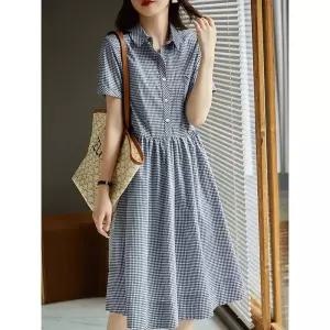 여성원피스 빈티지 체크 원피스 봄여름 시크 반오픈 셔츠 A라인 스커트 심쿵돌직구