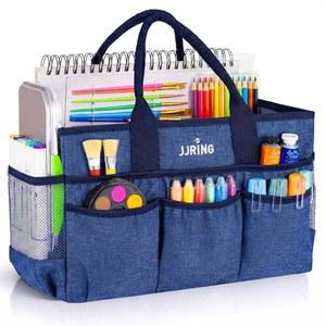 JJRING 대형 파란색 메쉬 공예 토트백 전면 아트 캐디 사이드 교사 바느질 용품 튼튼한 포켓 2개 탄성 통기성 접이식 정리함 소재 스크랩북 예술가 보관 U2013