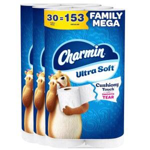 차민 울트라 소프트 쿠시 터치 화장지, 30 패밀리 메가 = 153 레귤러 롤, 2겹, 화이트