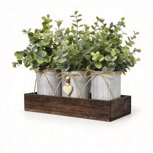 캔클리어 러스틱 농가 3피스 인공 유칼립투스 센터피스 u2013 나무 트레이, 아연 도금 금속 냄비 3개 & 인조 그리너리 식탁 장식으로 식당, 주방, 거실, 욕실, 사무실 사용