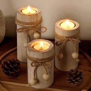 멜론 보트 화이트 필러 캔들 홀더: 배터리로 작동하는 양초가 있는 농가 홀더, 불꽃 없는 LED 장식, 홀리데이 파티 홈 데코용 테이블 3팩용 나무 센터피스
