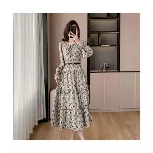 여성 출근룩 고급정장 원피스 봄 프렌치 캐주얼 우먼 프린트 롱스커트 소매 블랙 벨트 슬림핏 스포M1