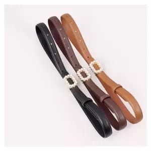 [콩심팥심]여성용 빅진주 큐빅 사각 버클 장식 가죽 벨트 원피스벨트 코트벨트