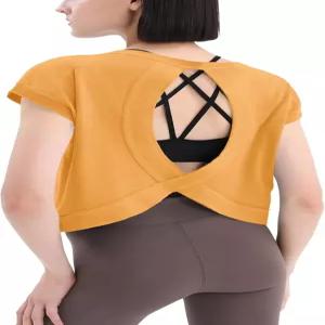 루부 여성용 오픈 백 운동 크롭 탑 반팔 요가 셔츠 귀여운 러닝 캐주얼 백리스 루즈 핏