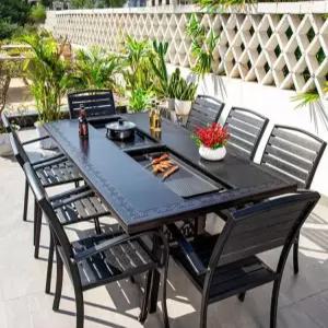 2구 그릴 주물 200x100cm 세트 8개 바베큐 테이블 렌지 좌 업소용