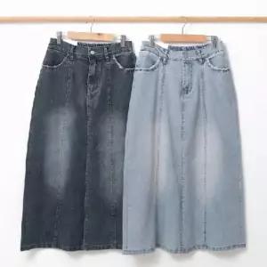 여성 A라인 청치마 뒷 밴딩 면 데님 스판 롱 스커트