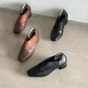 [다잇템] 여성 블록힐 사각코 고무줄 인조가죽 플랫슈즈