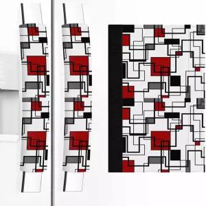 레드 지오메트릭 냉장고 도어 핸들 커버 2종 세트 모던 화이트 블랙 그레이 스트라이프 주방 전자레인지