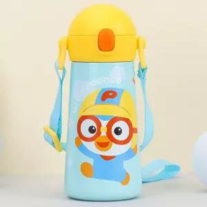 뽀로로 원터치 어깨끈 이중 스텐 빨대 물통 물병 빨대물통 뽀로로스텐