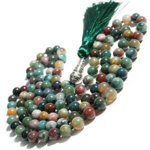 FISYOURS 말라 비즈 108 핸드메이드 목걸이, 천연 인디언 아가테 터쿼이즈 자수정과 합금 구루 및 태슬, 기도, 명상, 요가용 43.2인치