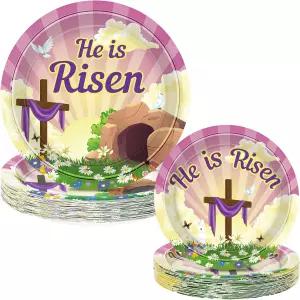 QZYL 48 PCS 부활절 종이 접시 9 디너 7 디저트 종교 그는 라이즌 식기 세트 크리스천 크로스 파티