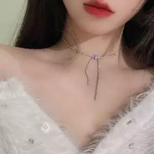 크리스탈 큐빅 초커 목걸이 테니스 체인 레이어드 착용 반짝이 스톤 장식 여성