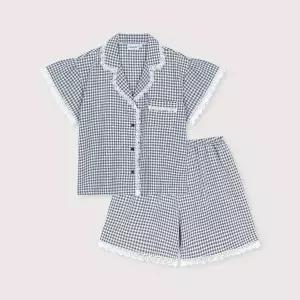 [lunaluz](신세계 사우스시티)여성 로지체크 레이온코튼 반소매 카라 투피스 잠옷