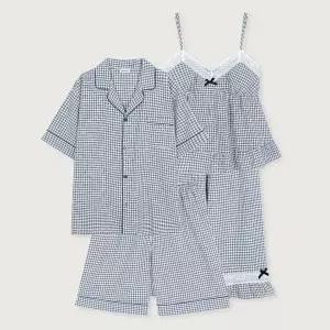 [lunaluz](신세계 사우스시티)커플 로지체크 레이온코튼 브라캡 끈소매 9부 투피스 잠옷