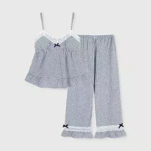 [lunaluz](신세계 사우스시티)여성 로지체크 레이온코튼 브라캡 끈소매 9부 투피스 잠옷