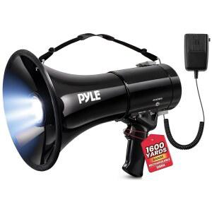 알람 사이렌과 조절 가능한 볼륨을 갖춘 Pyle 휴대용 소형 PA 메가폰 스피커 - 50W 경량 불혼 마이크, MP3용 AUX IN, 1600야드 범위, 충전식 배터리 포함