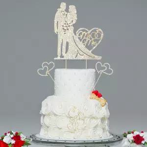 스피아리얼 4개 웨딩 케이크 토퍼 라인스톤 부부 신부와 신랑 사랑 메탈 크리스탈 하트 모양의 행복한 약혼