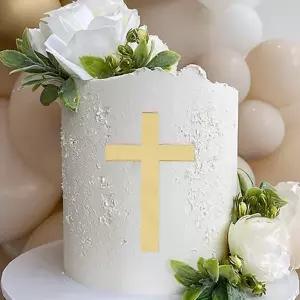 골든 크로스 케이크 토퍼 - 첫 번째 성찬식 파티 장식 아크릴 사진 소품 신의 축복 세례 센터피스 종교