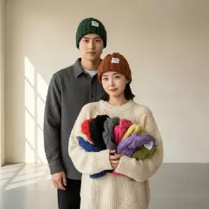 겨울 커플 꽈배기 니트 모자 울 혼방 골지 숏비니 여자 데일리룩
