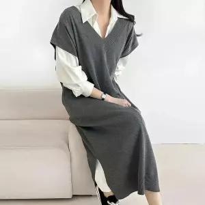 [하프클럽/옷자락]여자 레이어드 양트임 박시 브이넥 니트조끼 롱원피스