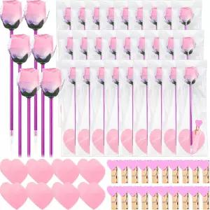 예시야 48 세트 발렌타인데이 플라워 로즈 펜 벌크 선물과 스티커 메모 하트 클립 여성 교사용 구디백 핑크