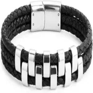 헝보펑 남성 팔찌 크로스 스테인리스 스틸 크로스와 오닉스 비드 커프 팔찌가 있는 검은색 땋은 가죽 아빠