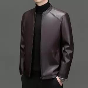 남성 캐주얼 심플데일리룩 항공 점퍼 레더 슬림 숏 하이넥 가죽자켓 비즈니스 기모두툼한가죽코트 OOTD1