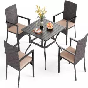 4 37인치 정사각형 금속 원철 테이블 우산 구멍 및 쿠션 라탄 위커 의자 파티오 데크 뒷마당 현관용 모던