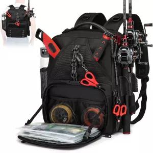 오리니티리 낚시 태클 백팩 막대 홀더 2개가 있는 백 장비용 방수 보관 가방(블랙)