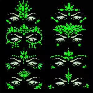 8세트 야광 얼굴 보석 바디 스티커 어두운 형광 문신 크리스탈 라인스톤 주얼리 할로윈용