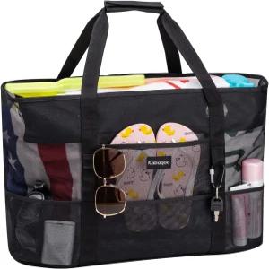 카바쿠 메쉬 비치백 9개의 포켓과 지퍼가 달린 엑스트라 라지 비치/풀 여행용 경량 비치 토트 포켓 지퍼