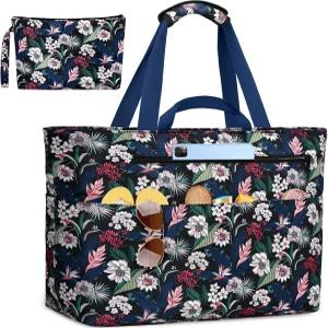 젠트레온 여성용 초대형 비치백 지퍼와 젖은 포켓이 있는 방수 비치 토트백 접이식 수영장 가방