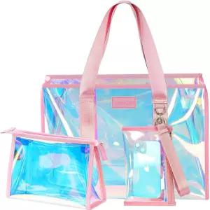 여성용 DSDCDJ 리데센트 비치백 메이크업 백 및 휴대폰 파우치가 포함된 대형 여행용 토트백 - 방수 투명