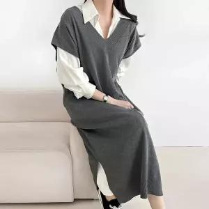 여자 레이어드 양트임 박시 브이넥 니트조끼 롱원피스