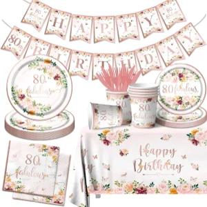 80 멋진 파티 용품 로즈 골드 장식 80번째 생일 식기 세트 접시 냅킨 식탁보 플로럴 테이블 남성 여성 선물