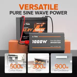 가정용 RV 트럭 캠핑용 LiTime 1000W 순수 사인파 인버터 12V DC-120V AC 컨버터 내장형 콘센트 2개 실시간