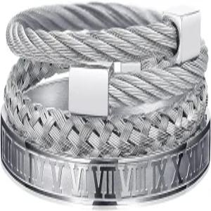 남성용 WFYOU 3PCS 스테인리스 스틸 임페리얼 크라운 팔찌 골드 로마 숫자 뱅글 조절 가능 커프 남성