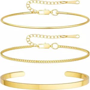 무디어 스택 6.5-8인치 남성 팔찌 세트 - 다인티 14K 골드 도금 2mm/5mm 스네이크 쿠바 피가로 체인 남성용