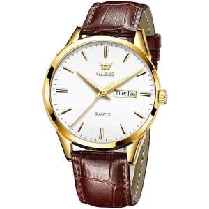 [미국배송] 남성용 OLEVS 시계 브라운 가죽 골드 케이스 아날로그 쿼츠 패션 비즈니스 드레스 시계 데이 데이 야광 방수 캐주얼 남성 손목 시계