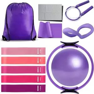 여성용 GQIRIL 필라테스 장비 세트 - 10인치 볼 매직 서클 요가 링 저항 밴드 홈 운동 초보자 필수품을