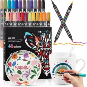 유노트 48색 세라믹용 아크릴 페인트 펜 머그잔 유리 암석 목재 및 DIY 공예용 듀얼 팁 마커15mm 24개