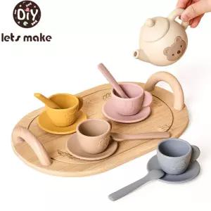 놀이 집 장난감 나무 차 세트 주전자 찻잔으로 척 오후 스낵 역할 소년 소녀 선물