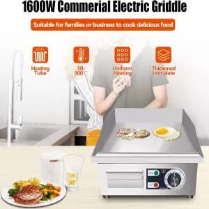 ExGizmo 14인치 상업용 전기 그릴 조리대 플랫 탑 110V 1500W 논스틱 레스토랑 테판야키 스테인리스 조절