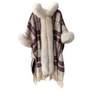 빅사이즈 후드 퍼 칼라 체크 도톰 망토형 코트 점퍼