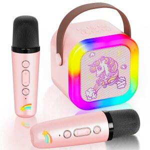 VibeHaven 아동용 미니 노래방 기계: 만 유니콘 무선 마이크 2개 스피커 4-12세 노래 장난감 휴대용 블루투스